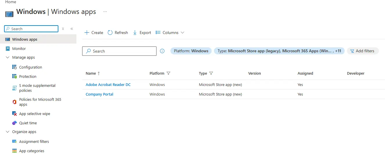 Windows App list in Intune